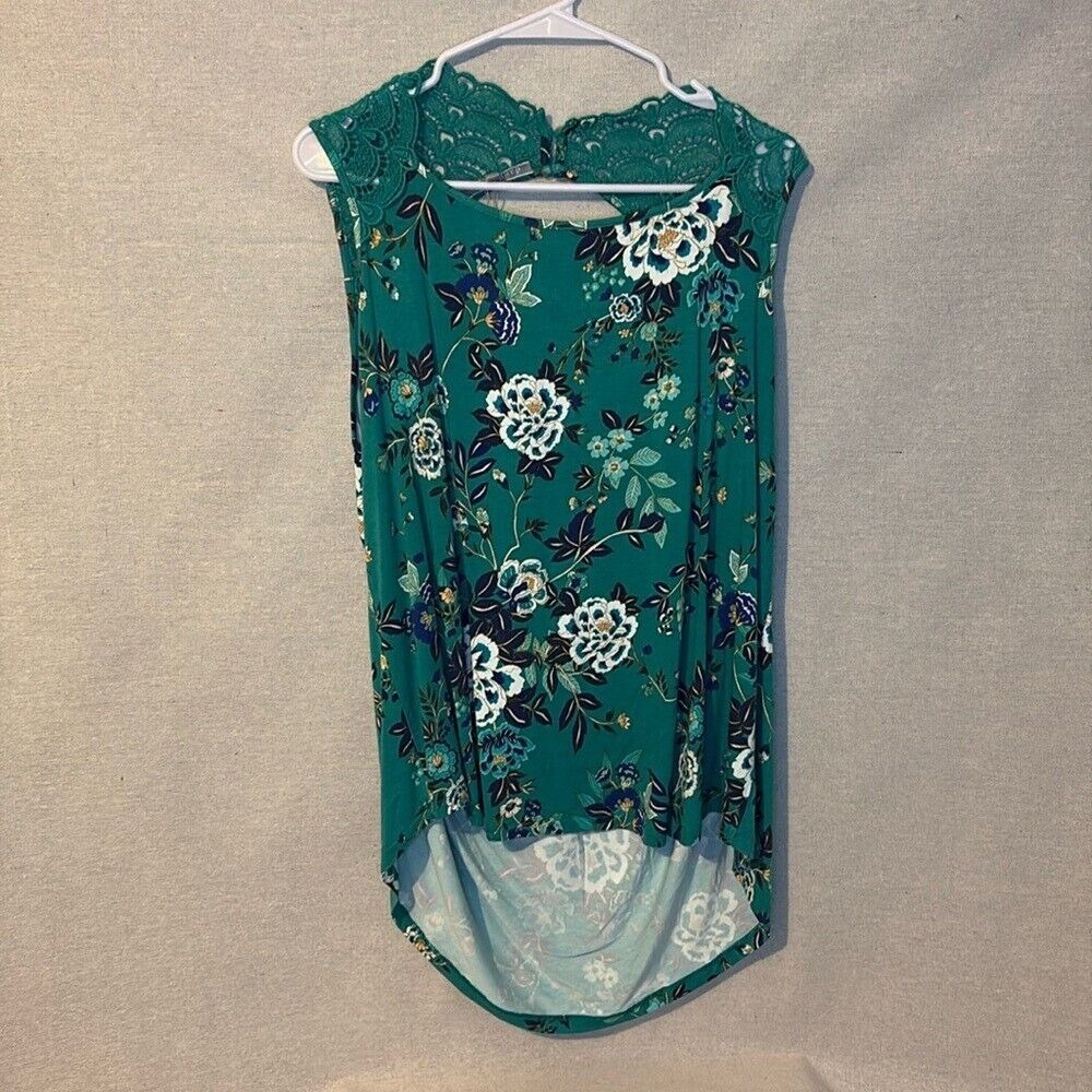 Daniel Rainn‎ Womens Tunic 1X Green Floral Sleeveless Crochet Lace Cutout New